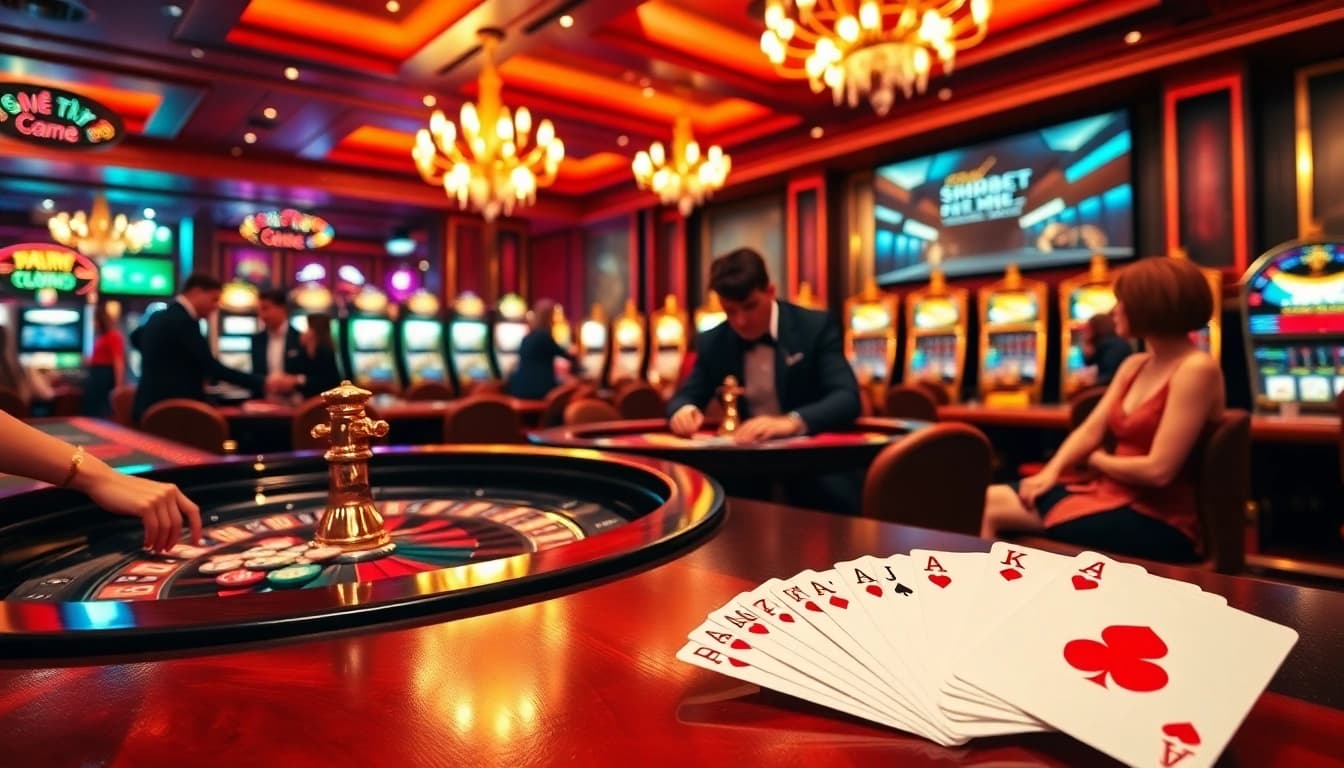 Thrilled gamblers engaging with the shbet link mới at an elegant casino, showcasing vibrant slot machines and poker tables.