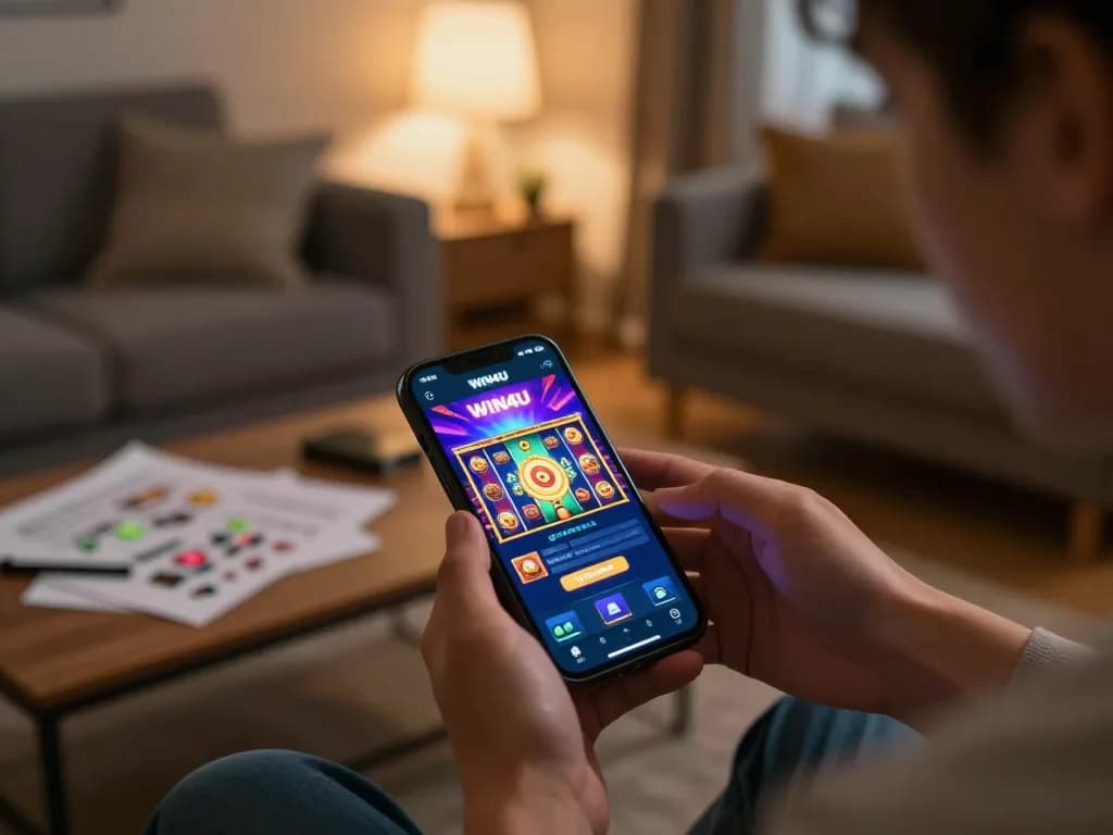 Engaging with the WIN4U apk on a smartphone while seated in a cozy living room, showcasing mobile gambling excitement.