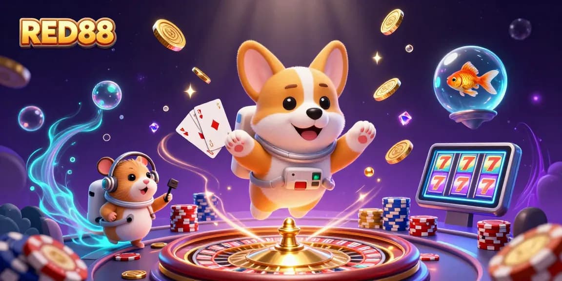 Play and win big at RED88 casino with charming characters in a vibrant gambling space.