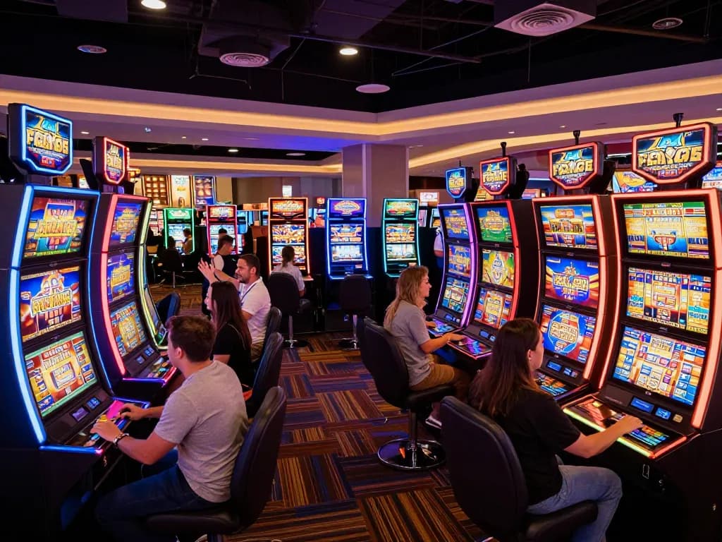Experience the excitement of winstrike69 at vibrant slot machines with players celebrating wins.