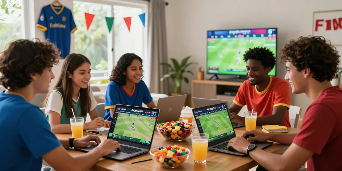 Friends enjoying cricket match at home using Fairplay24 for online betting, lively atmosphere and snacks.