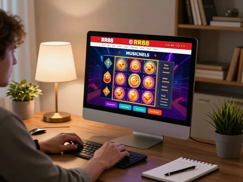 A player enjoys RR88 online casino games from a stylish home desk, showcasing vibrant slot action