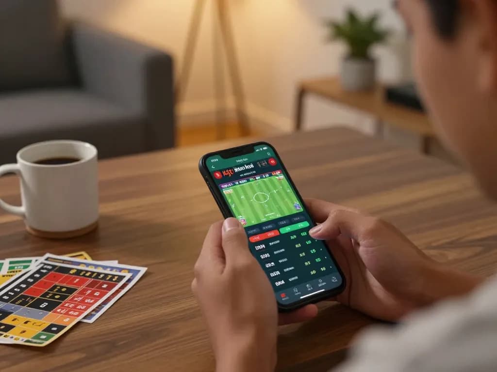 Placing bets using kèo nhà cái on a smartphone in a cozy home environment.