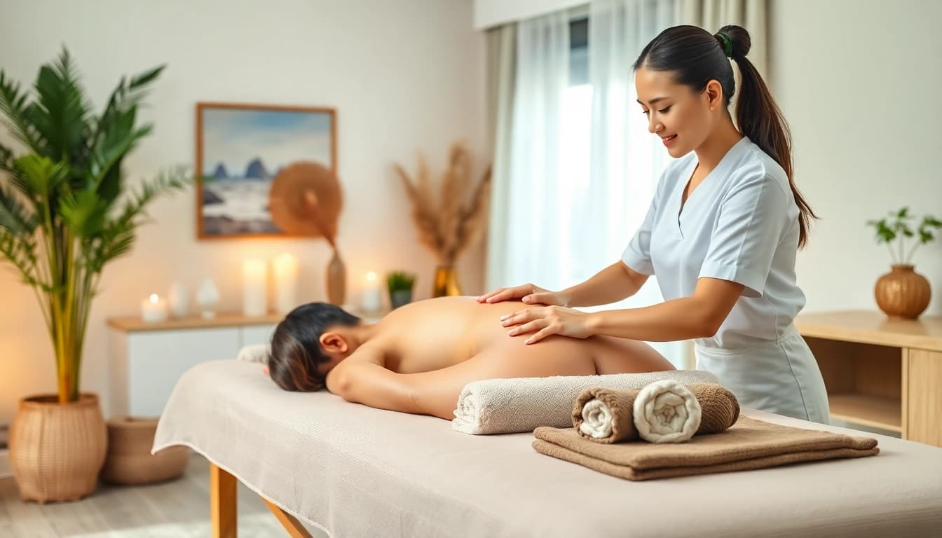 Relaxing home scene showcasing 평택출장마사지 therapy with a young female therapist and a client.