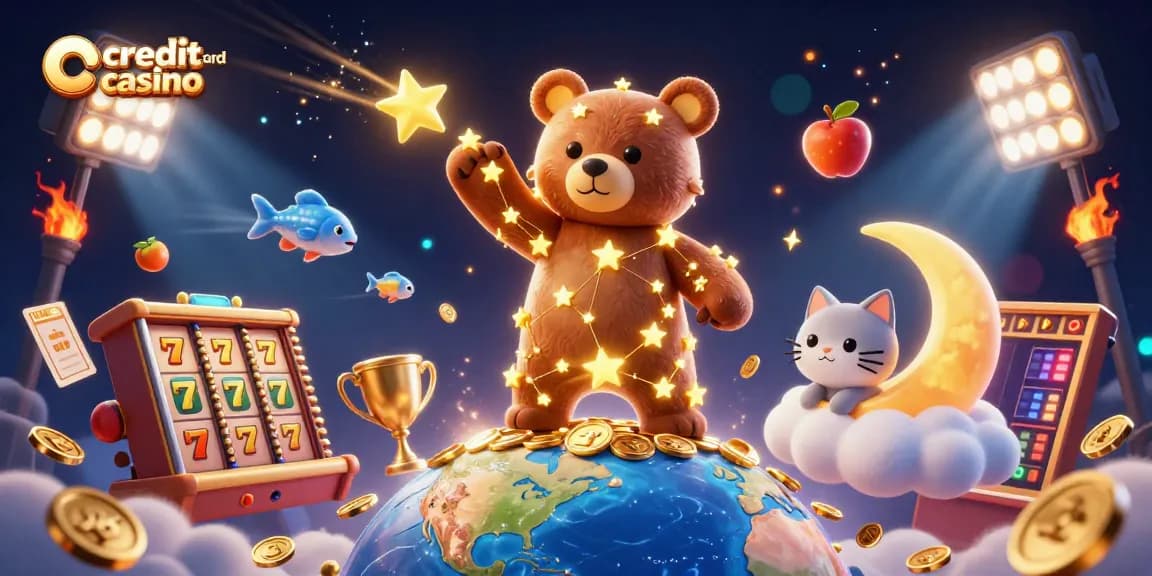 Experience the excitement at a credit card casino with golden stars and dynamic slot elements.