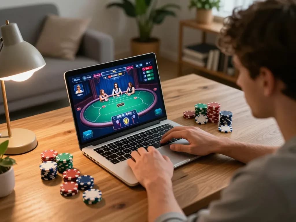 Player engaging in strategic TR88 poker game online in a cozy living room setting.