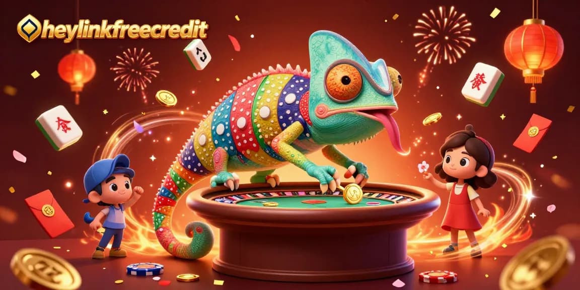 Engage with heylinkfreecredit's vibrant casino experience, featuring a colorful chameleon owner and dynamic elements.