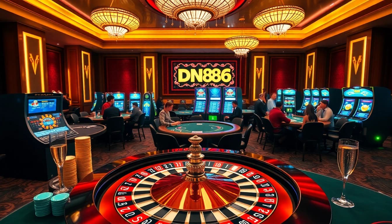 A vibrant casino atmosphere featuring DN88 com, with poker tables, roulette wheels, and lively slot machines.