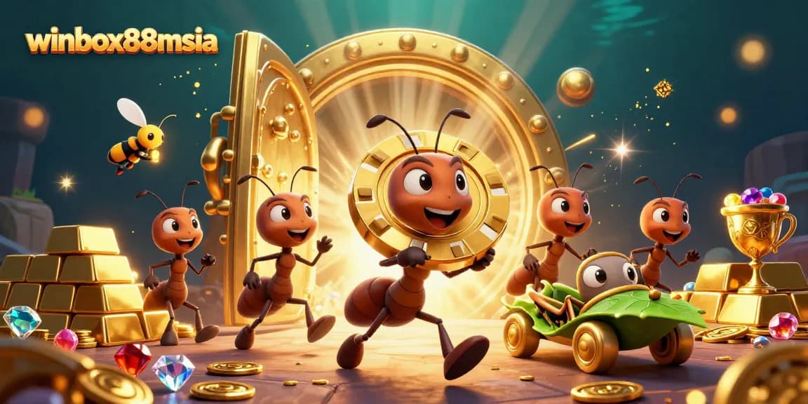 Experience thrilling adventures at winbox88msia with our heist illustration featuring charming ants and golden riches.