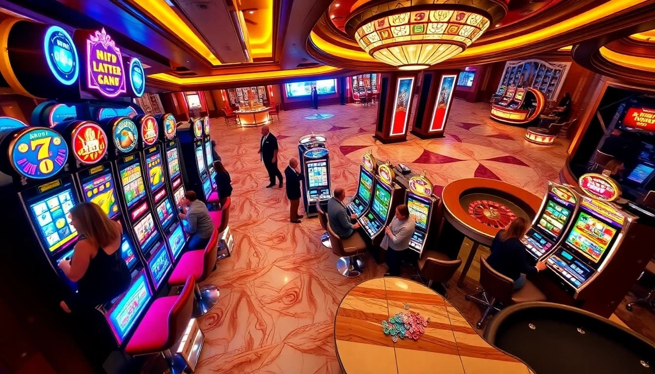 Playing slot gacor machines in an opulent casino filled with excitement and energy.