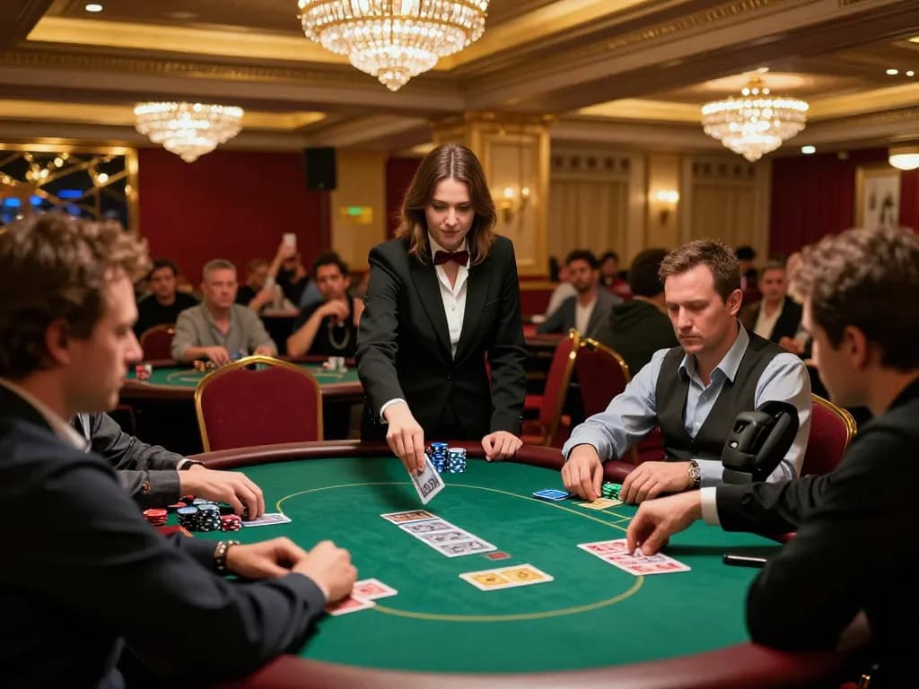 Hay88 poker tournament scene with players strategizing at green felt tables in an upscale casino.