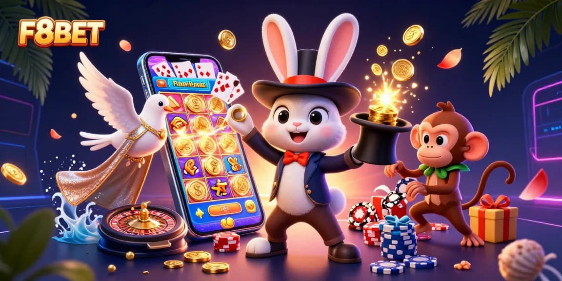 Experience thrilling gambling action with F8BET as a cartoon magician rabbit conjures coins alongside engaging games.