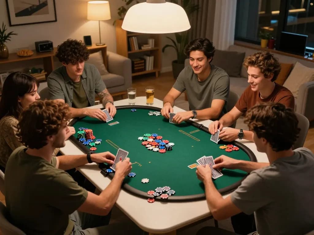 Poker players enjoying a game night with friends while using nego77 for online strategy tips.