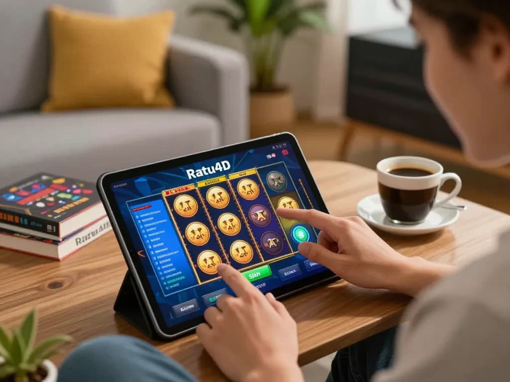 Enjoying Ratu4D online gaming on a tablet while strategizing with notes in a cozy living room.