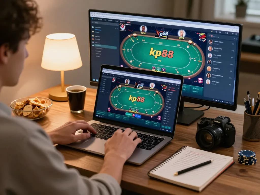 Player engaging with kp88 poker game on laptop in cozy home setting, showcasing strategic gameplay.