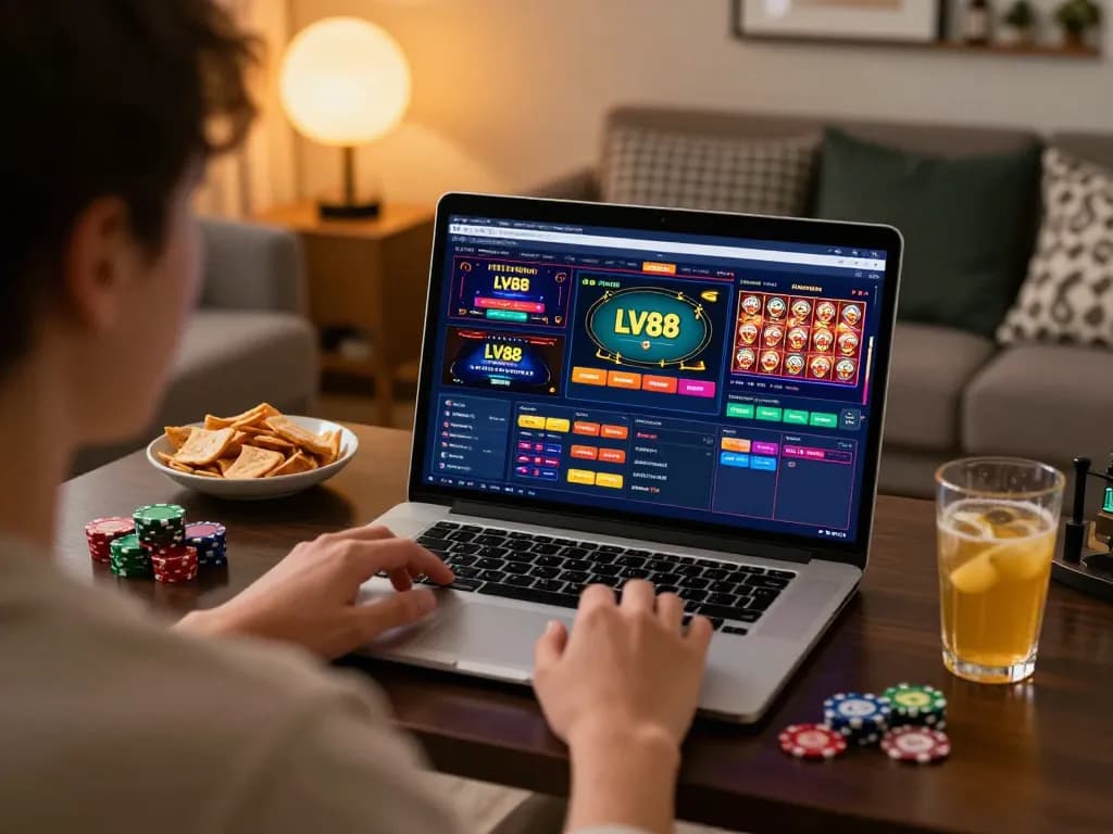 Engaged player enjoying LV88 online gaming session on laptop in cozy living room