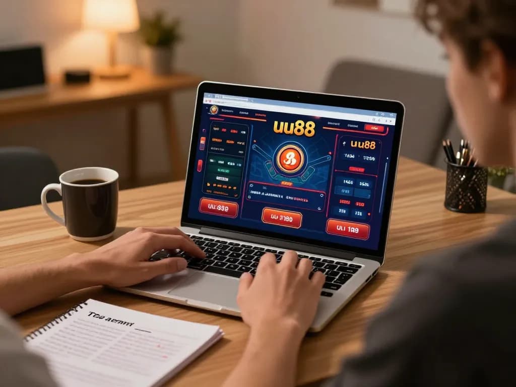 Player enjoying uu88 online gaming with laptop and strategy notes during a cozy home session.