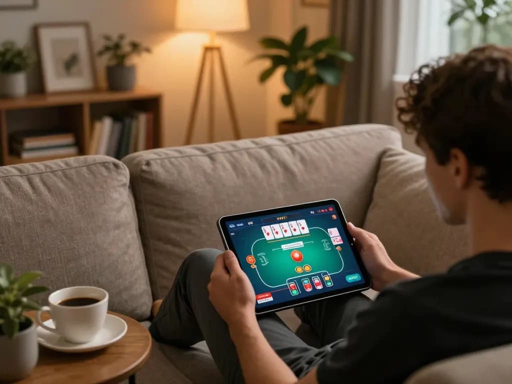 Player enjoying NK 88 on a tablet in a cozy living room setting, emphasizing online gaming