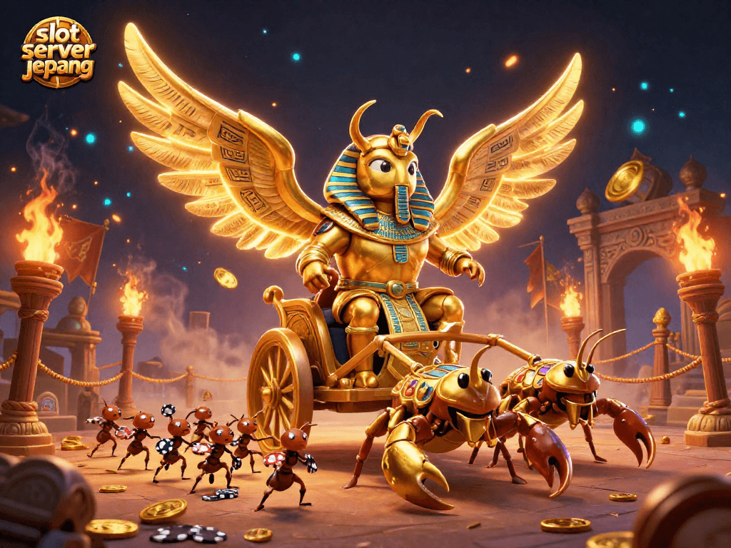 Engage in thrilling action with slot server jepang featuring a colossal scarab and shimmering treasures.