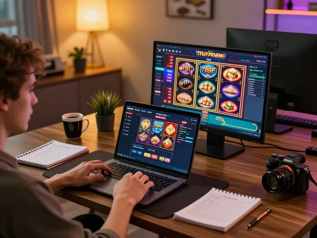 Player engaged in online gaming on 789F, showcasing a laptop with poker and slots interface.