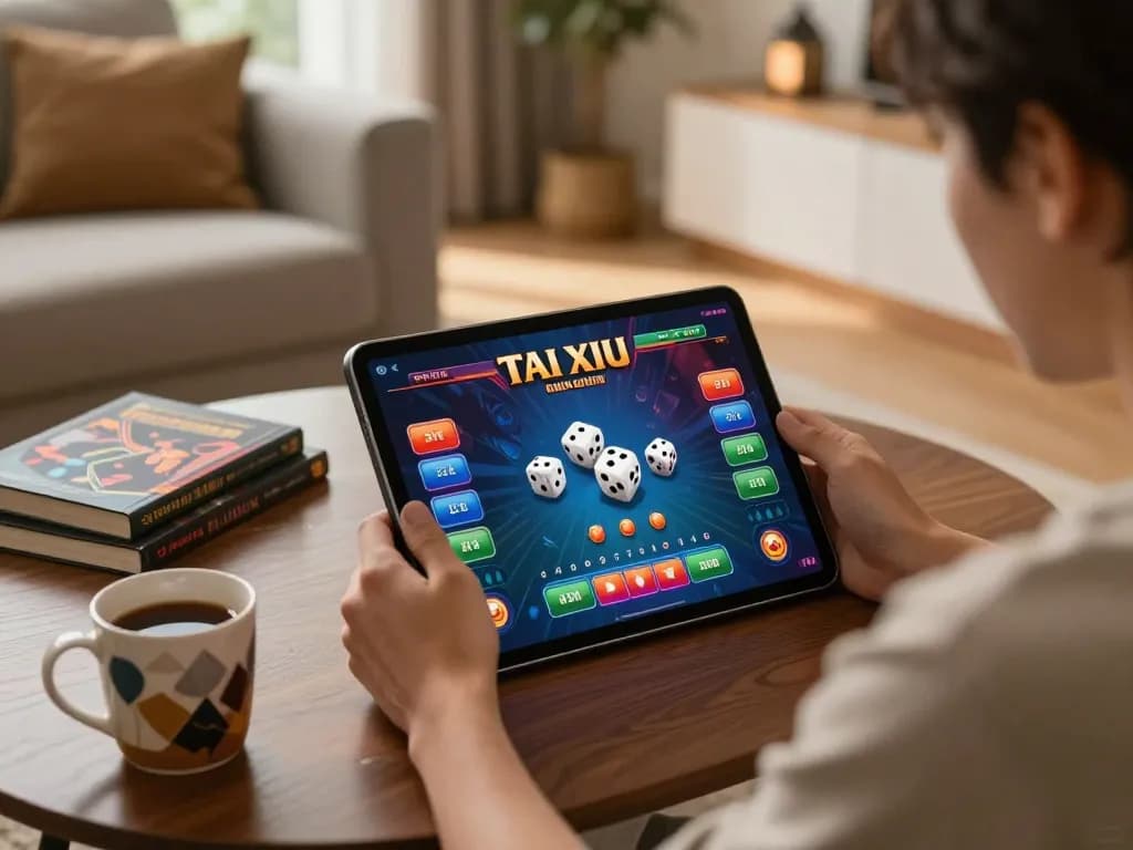 Engaging gameplay scene of tai xiu online showing dice action on tablet, cozy home environment.
