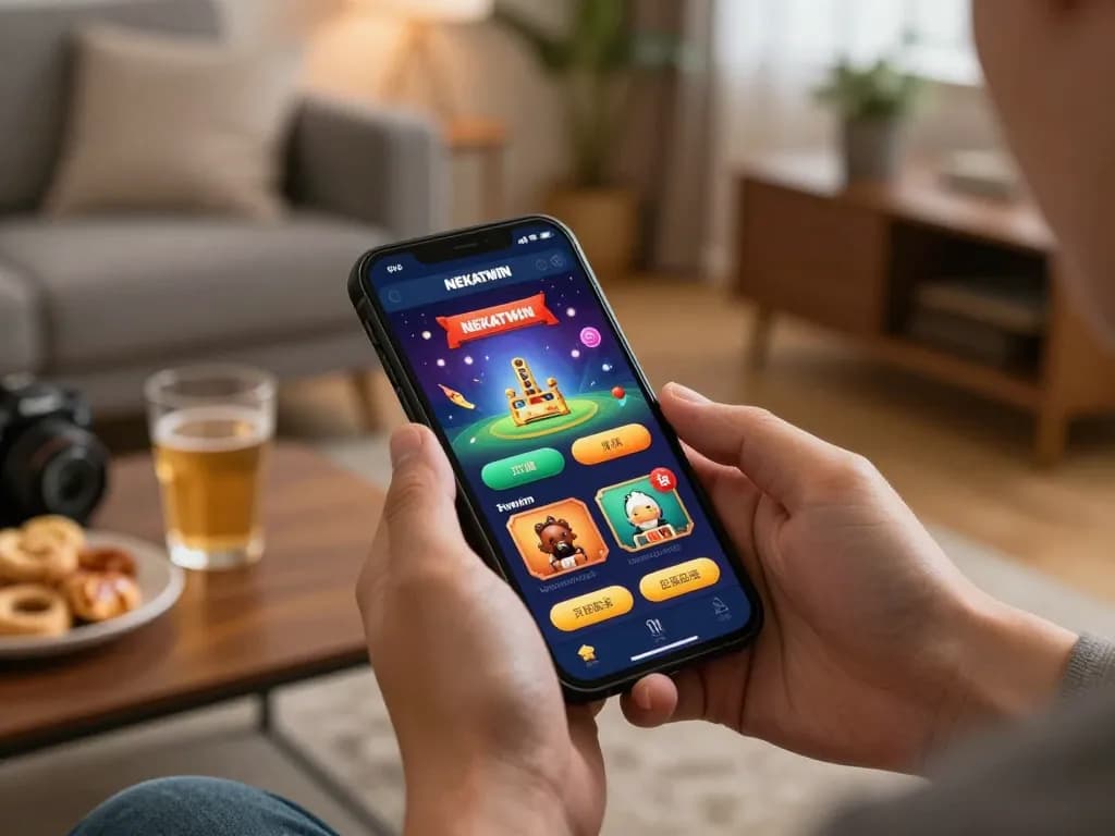 Experience NEKATWIN daftar excitement while playing online games on a smartphone in a cozy home setting.