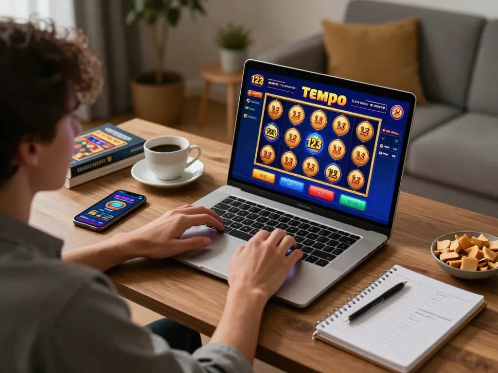 Engage with Tempo 123 slot gameplay while enjoying a cozy home environment, illustrating modern online casino experiences.