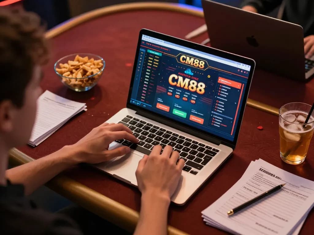 Player engaging in online gambling at CM88 with strategy notes and snacks available.