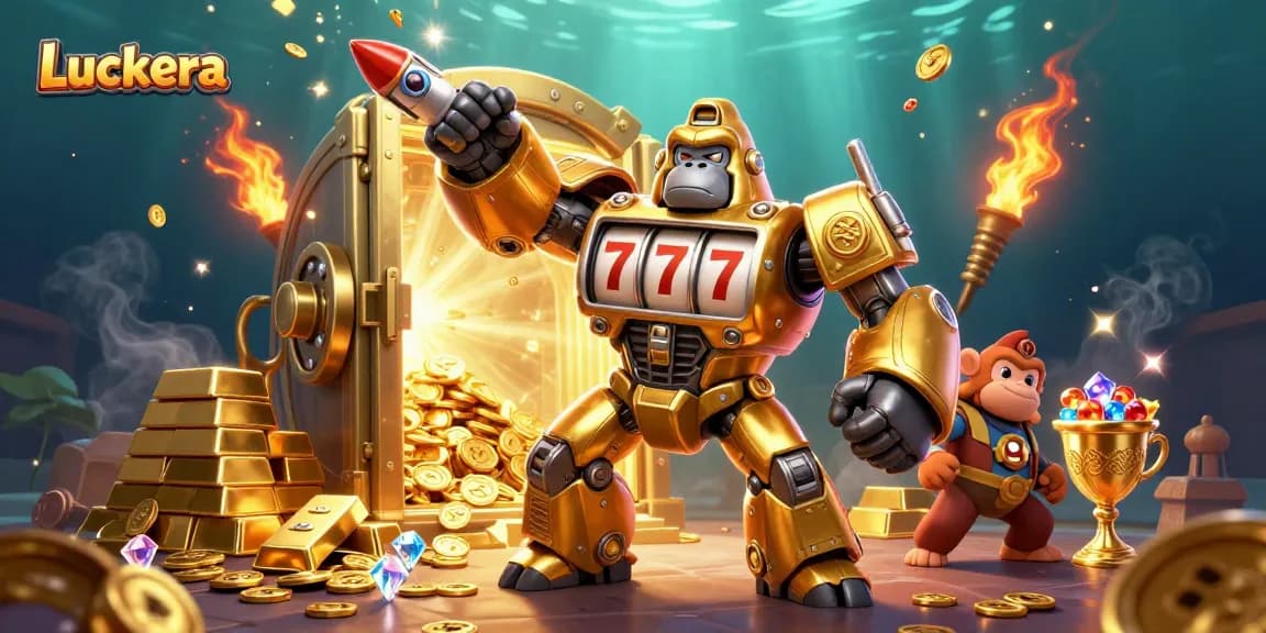 Experience thrilling wins at Luckera Casino with a dynamic 3D illustration of a golden gorilla mech surrounded by treasures.