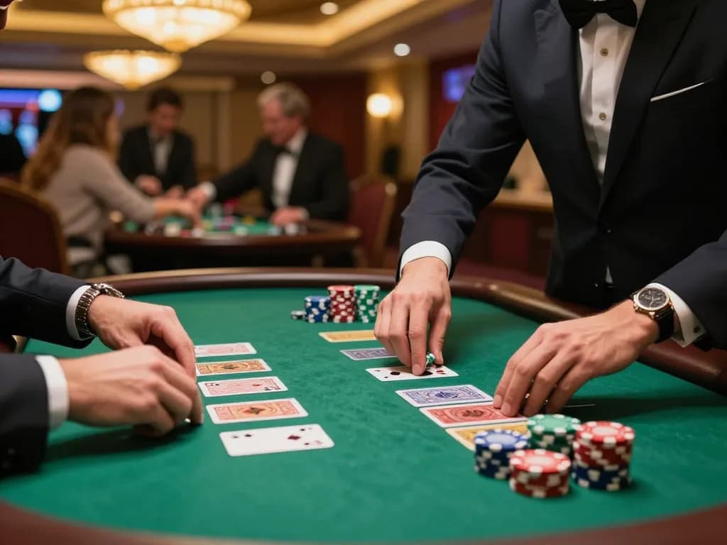 MM88 players strategizing their moves at an elegant blackjack table in a lively casino, showcasing dynamic gameplay