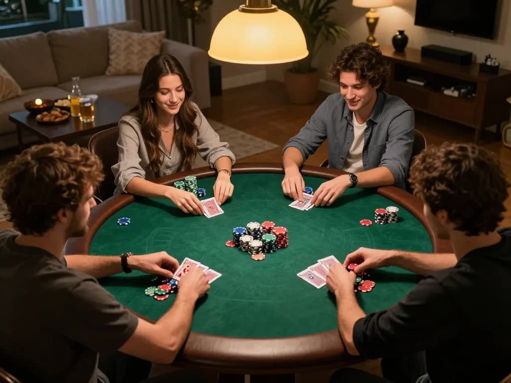 Players enjoying a dynamic poker game at home, showcasing uu88ae's thrilling gambling experience.