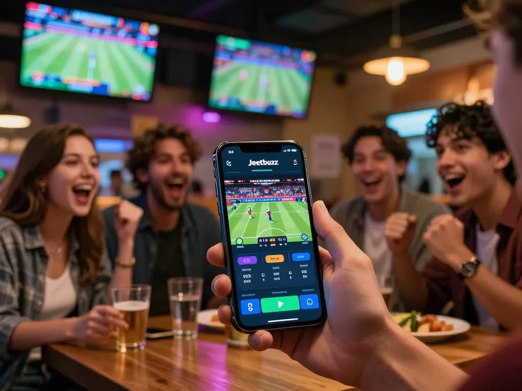 Engaging sports betting moment on the Jeetbuzz app with excitement in a lively sports bar atmosphere.