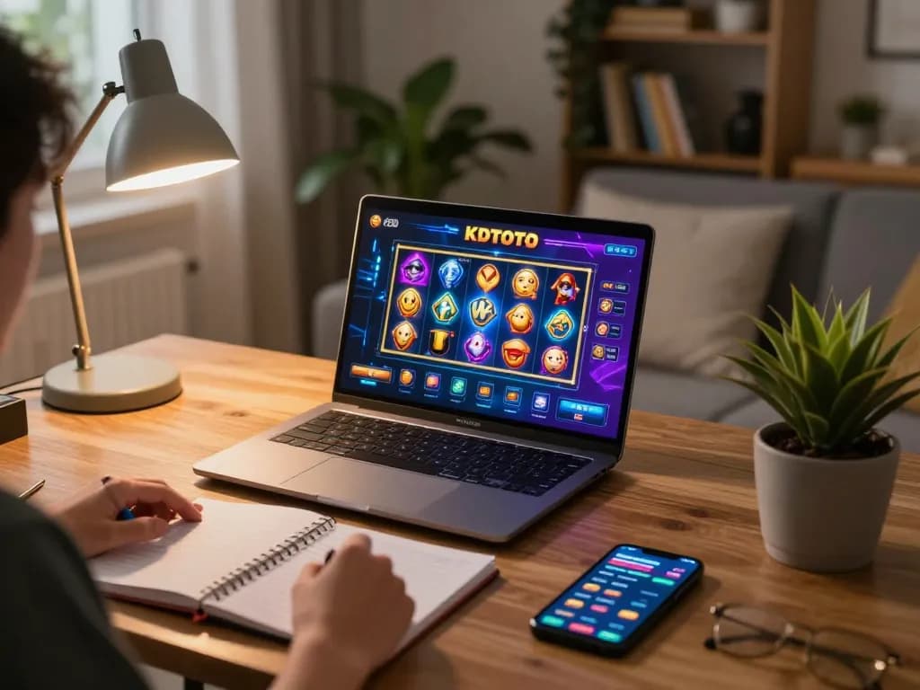 KDTOTO player engaging with online slots in a cozy living room, showcasing vibrant graphics and betting strategy.