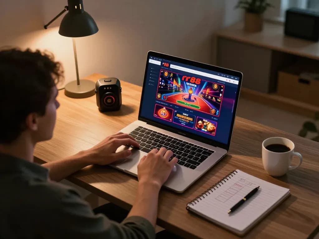 Player enjoying rr88 online casino games at stylish home office desk with betting notes and laptop.