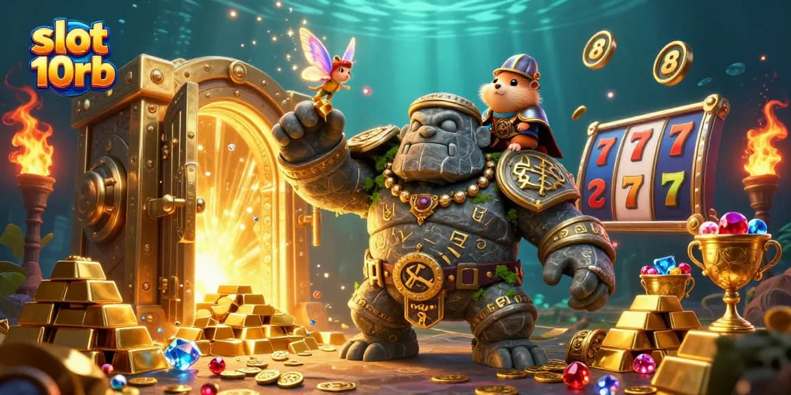 Join the adventure in this slot 10rb scene featuring a golem guardian and treasure.