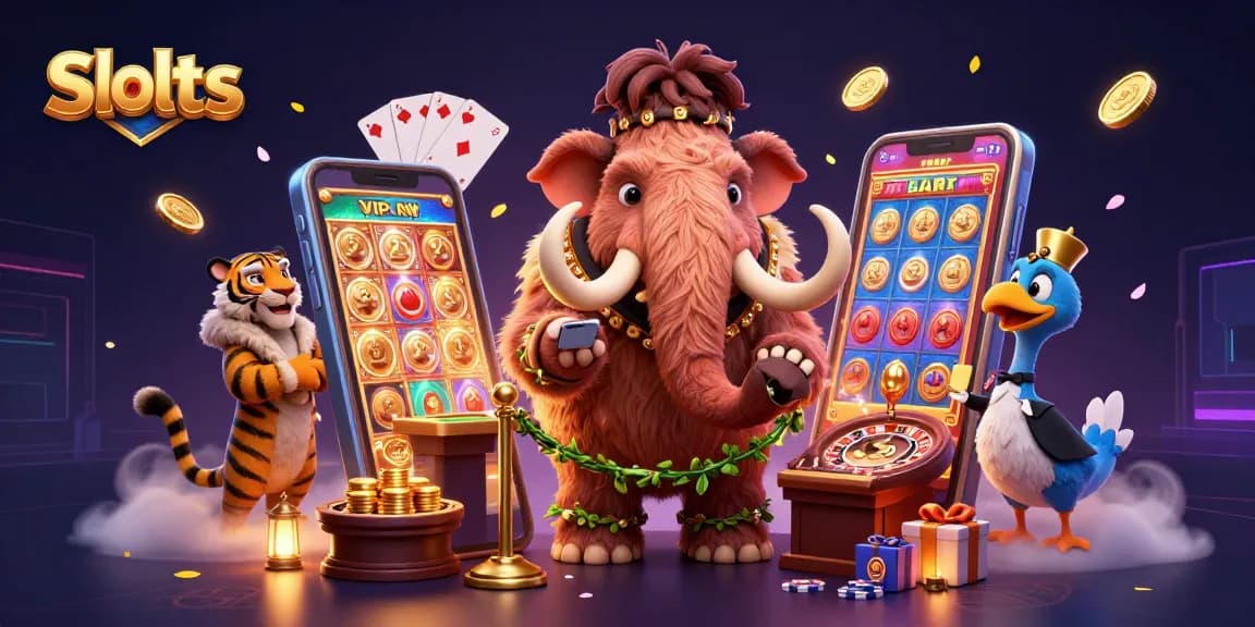 Spin the Slots with excitement as a woolly mammoth checks IDs at a vibrant casino door.