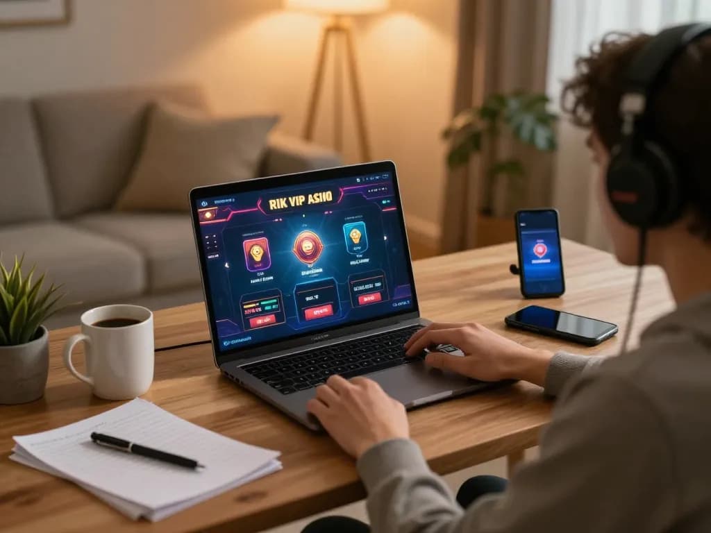 Play online games at rik vip with a cozy home setup, laptop displaying engaging gameplay.