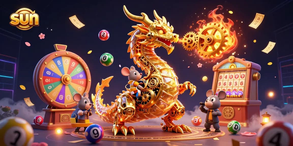 Engage in thrilling gaming at Sun with a dragon unleashing golden gears amidst vibrant lottery elements.
