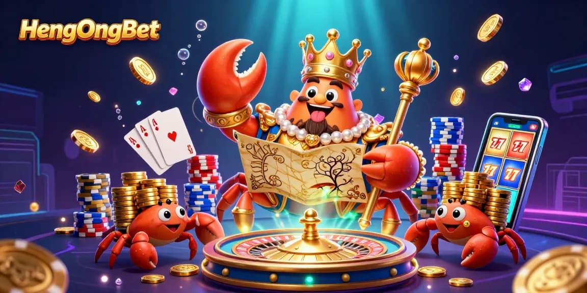 Experience thrilling gameplay at HengOngBet with vibrant scenes of a golden crab emperor, roulette, and slot machines.