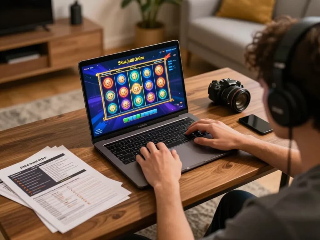 Pengguna terlibat dalam permainan dinamis di Situs Judi Online dengan antarmuka permainan slot yang berwarna-warni di laptop.