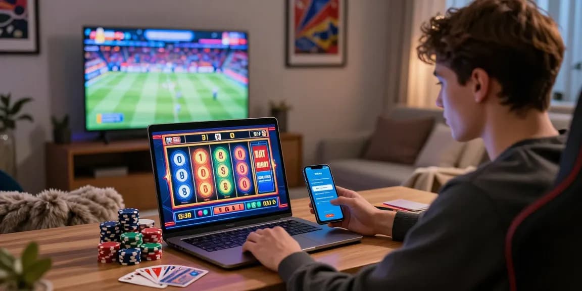 Engaging online gaming setup at mpocash.net with bright graphics, poker chips, and live sports.