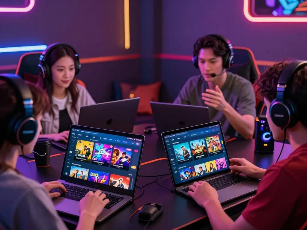 Players enjoying various porngames on multiple devices in a vibrant gaming environment.