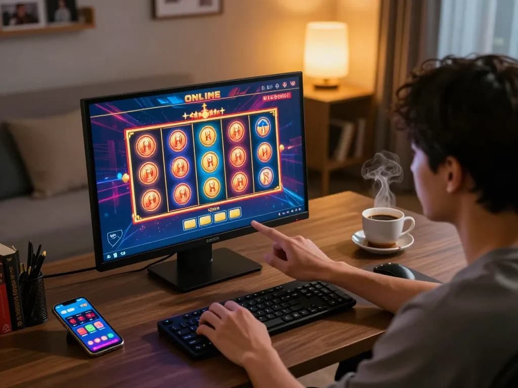 Engaging scene showcasing a player on luck88com excitedly about to spin online slot reels at home.