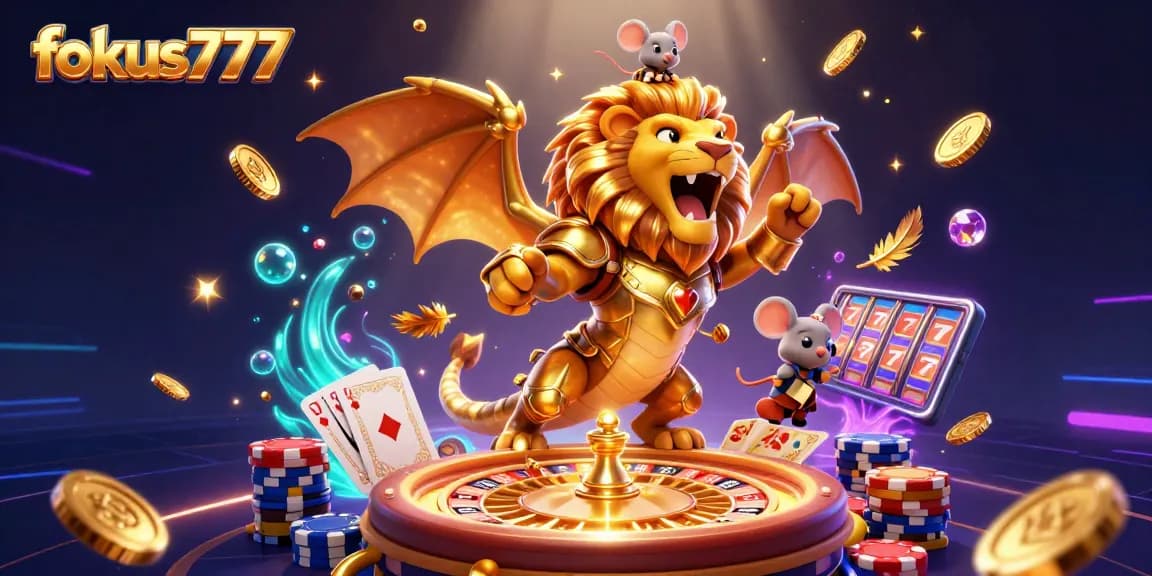 Spin to win with fokus777 as a golden chimera rumbles triumphantly in a casino scene.