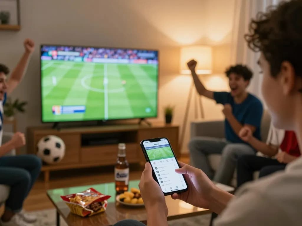 Cakhia viewer enjoying live football streaming on smartphone during a lively home game night.