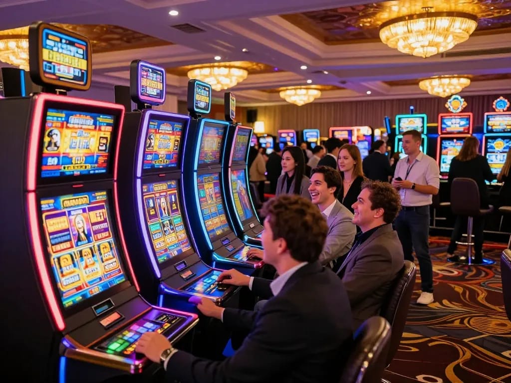 Players enjoying vibrant slot machines at CM88 casino, showcasing excitement and colorful graphics.