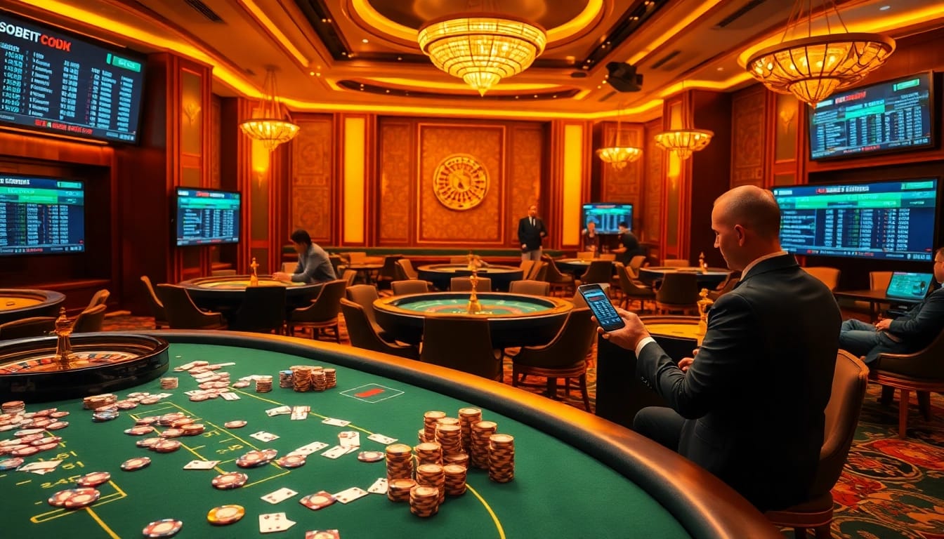 Sbobet link alternatif showcases an exciting online gambling scene with colorful chips and digital betting interfaces.