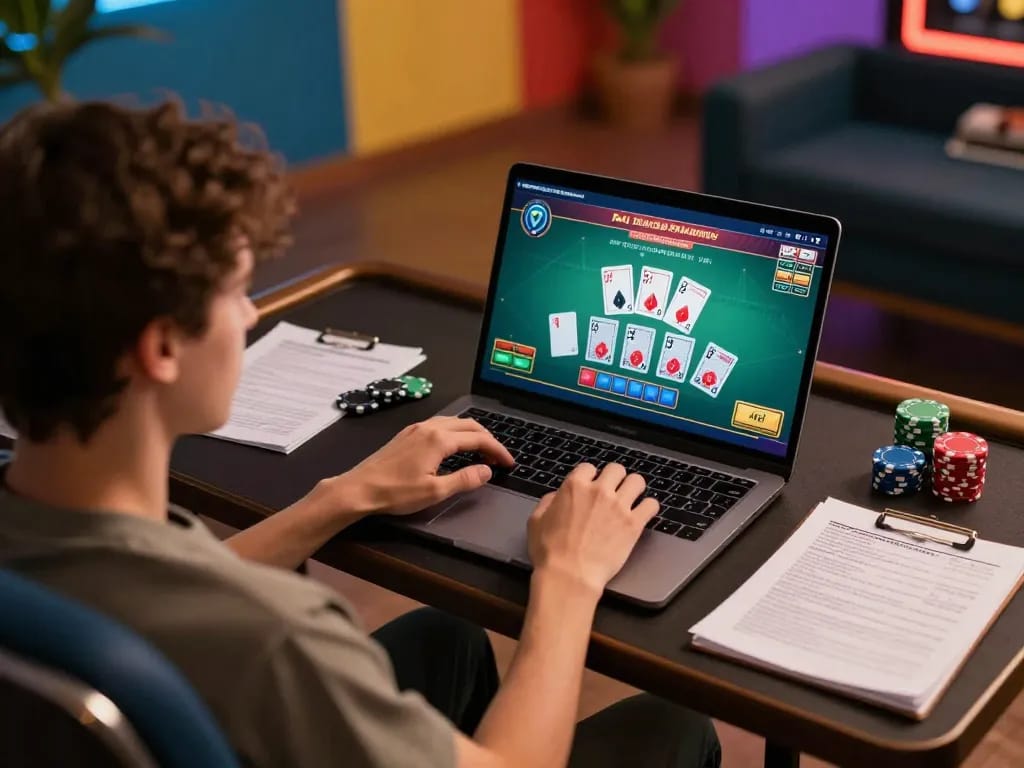 Gamer engaging in a dynamic Bl555 blackjack game online, displaying cards and strategy notes in a stylish setup.