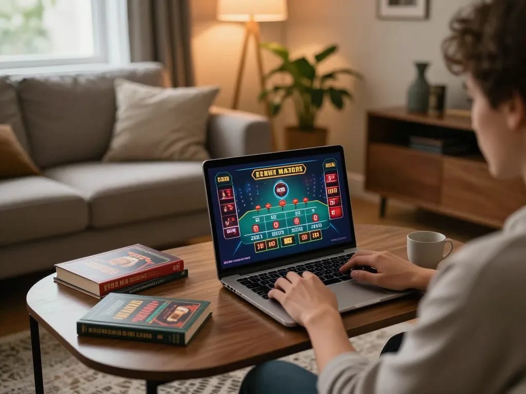 Player using laptop for online gaming on PHTAYA at home shows engaging live dealer table.