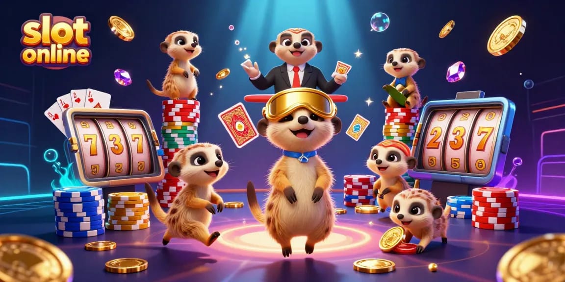 Slot online menarik dengan koloni meerkat mengoperasikan kasino, penuh chip dan koin emas.
